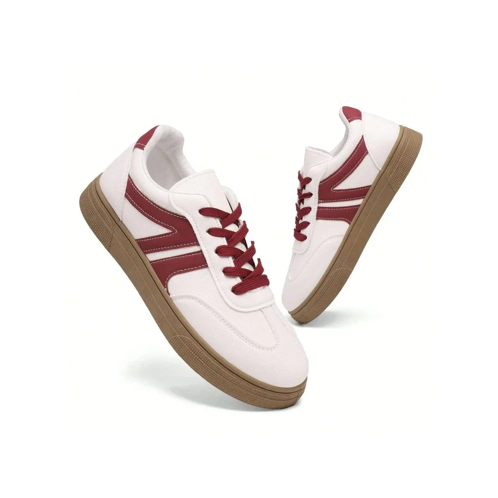 Women's US 8 White/Red Sneakers Casual Sporty Low Top Lace-Up Round Toe Shoes